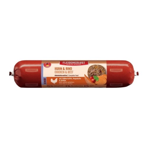 MEATLOVE Senior BEEF & POULTRY  Mokra karma dla psa bogata w Kurczaka i wołowinę z batatem, dziką różą i miłorzębem dla seniorów baton 400g