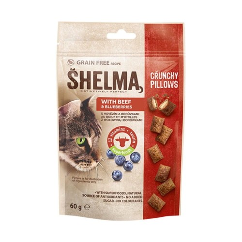 Shelma Bezzbożowa przekąska, przysmak dla kota, poduszeczki z wołowiną i jagodą 60g