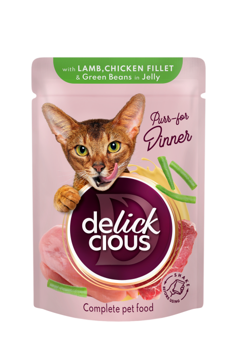 IdeaPet C4P Pełnoporcjowa karma dla kotów - Kawałki z jagnięciną, kurczakiem i fasolką w galarecie 85g Delickcious