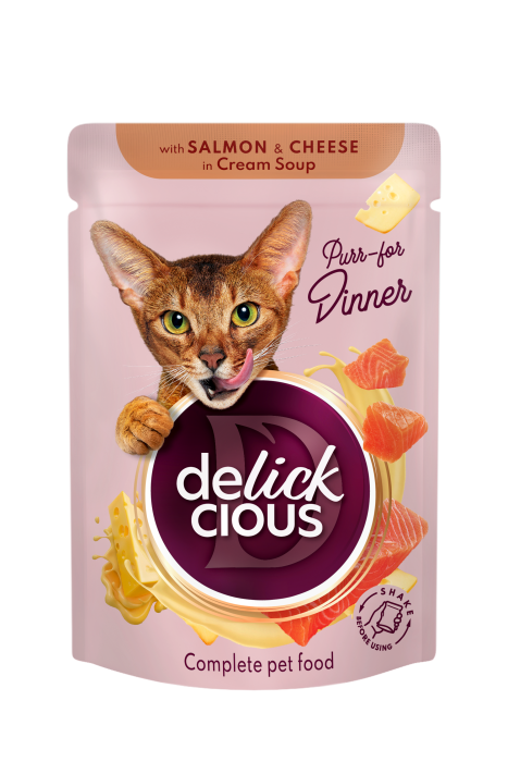 IdeaPet C4P Pełnoporcjowa karma dla kotów w saszetkach - Paski z łososiem i serem w zupie krem 85g Delickcious