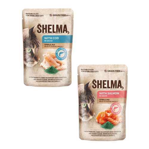 Shelma Bezzbożowa mokra karma, saszetki dla kota łosoś dorsz 4x85g